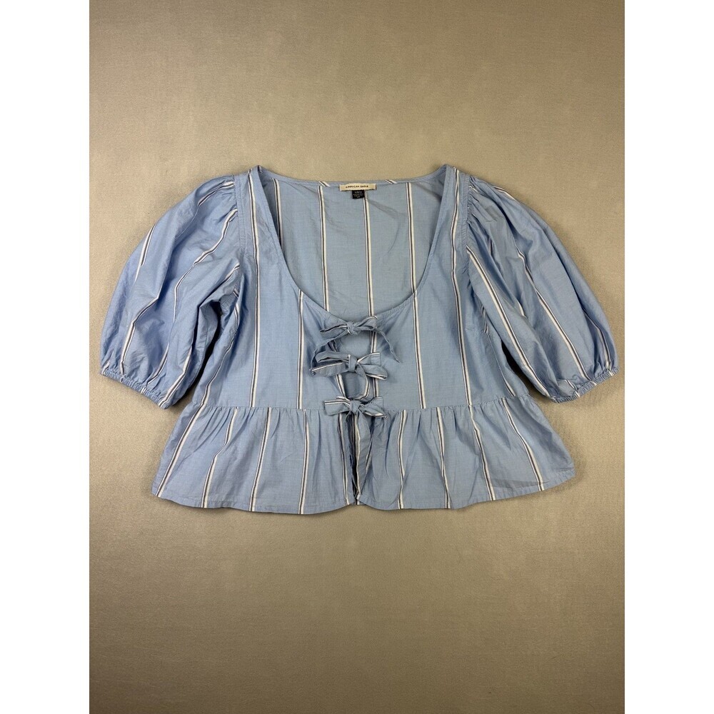 American Eagle Blue White Striped Puff Sleeve Peplum Tie Front Blouse Women's M